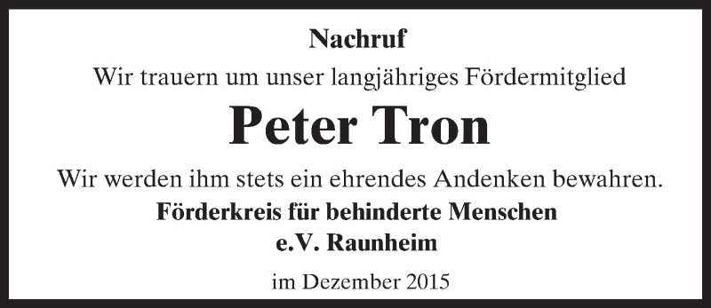  Traueranzeige für Peter Tron vom 05.12.2015 aus  Mainspitze