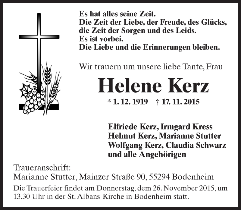  Traueranzeige für Helene Kerz vom 21.11.2015 aus  Allgemeine Zeitung Mainz