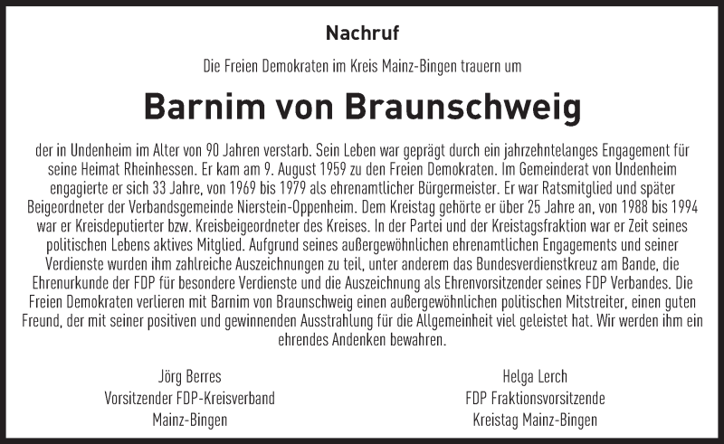  Traueranzeige für Barnim von Braunschweig vom 04.02.2016 aus trauer.rmp.de