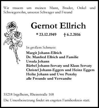 Traueranzeige von Gernot Ellrich von  Allgemeine  Zeitung Ingelheim-Bingen