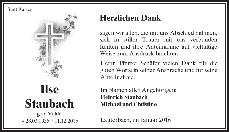  Traueranzeige für Ilse Staubach vom 02.01.2016 aus  OK Oberhessen Kurier