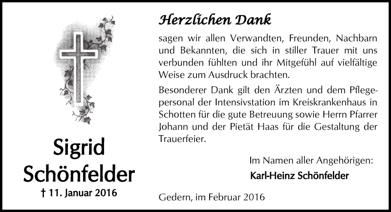  Traueranzeige für Sigrid Schönfelder vom 13.02.2016 aus  Sonntags Anzeiger