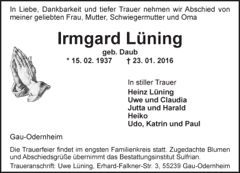 Traueranzeige von Irmgard Lüning von  Allgemeine Zeitung Alzey