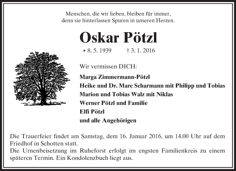  Traueranzeige für Oskar Pötzl vom 11.01.2016 aus  Kreisanzeiger