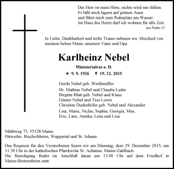 Traueranzeige von Karlheinz Nebel von  Mainspitze