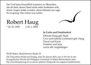 Traueranzeige von Robert Haug von  Allgemeine Zeitung Mainz