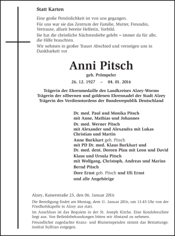Traueranzeige von Anni Pitsch von  Allgemeine Zeitung Alzey