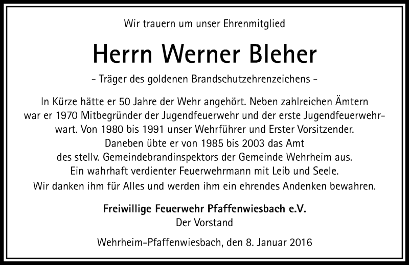  Traueranzeige für Werner Bleher vom 09.01.2016 aus  Usinger Anzeiger