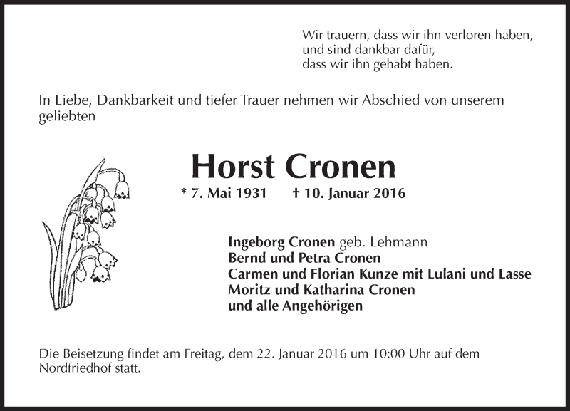  Traueranzeige für Horst Cronen vom 16.01.2016 aus  Wiesbaden komplett