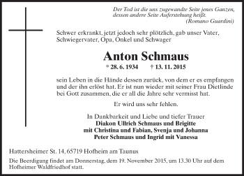 Traueranzeige von Anton Schmaus von  Hofheimer Zeitung