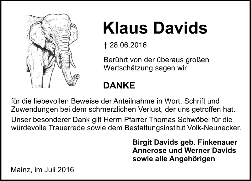  Traueranzeige für Klaus Davids vom 23.07.2016 aus Trauerportal Rhein Main Presse