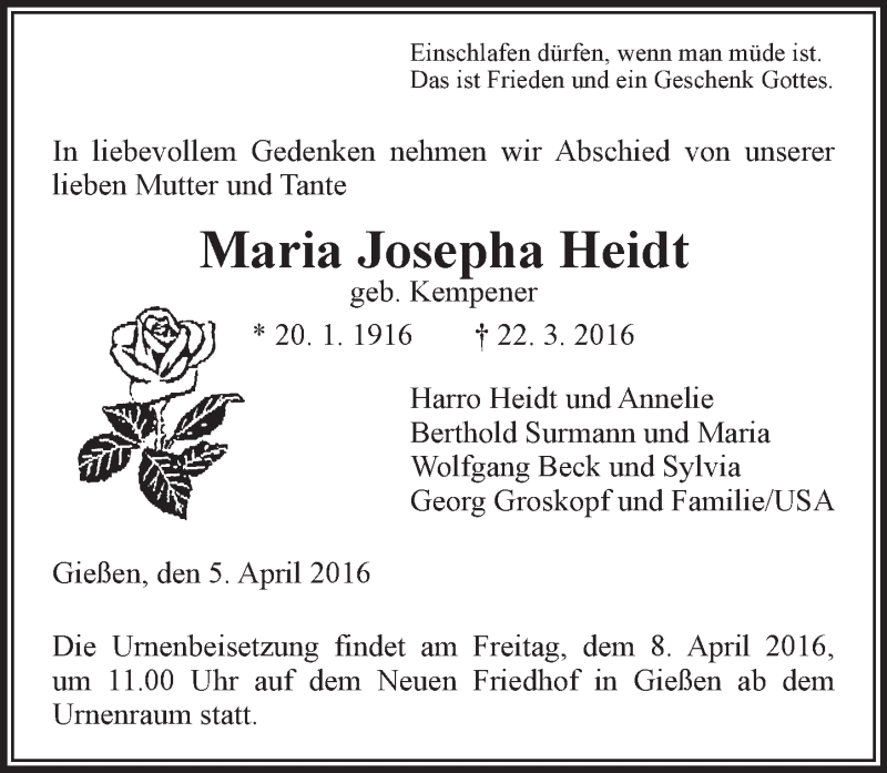  Traueranzeige für Maria Josepha Heidt vom 05.04.2016 aus  Gießener Anzeiger