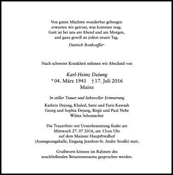 Traueranzeige von Karl-Heinz Dejung von Trauerportal Rhein Main Presse