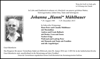 Traueranzeige von Johanna  Mühlbauer von  Allgemeine Zeitung Alzey