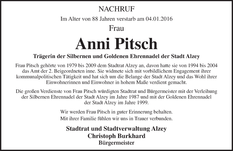  Traueranzeige für Anni Pitsch vom 07.01.2016 aus trauer.rmp.de