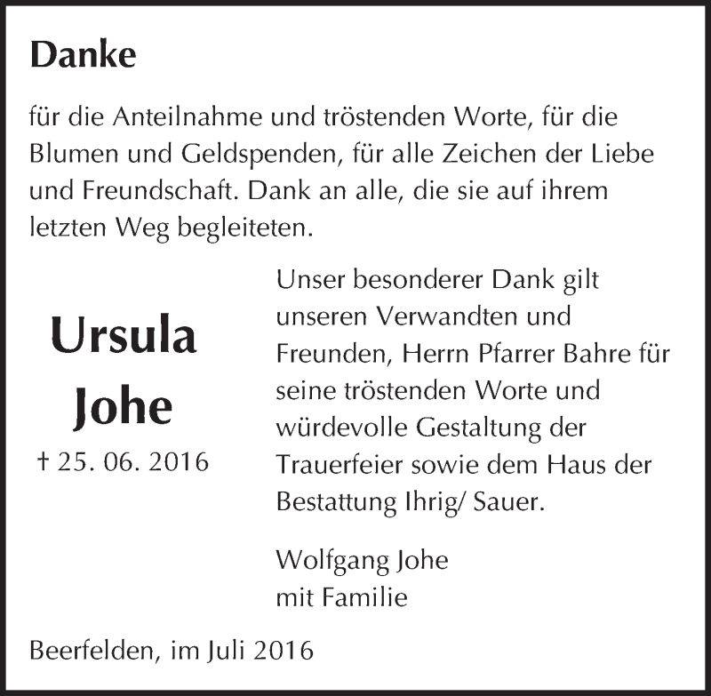  Traueranzeige für Ursula Johe vom 30.07.2016 aus Trauerportal Echo Online
