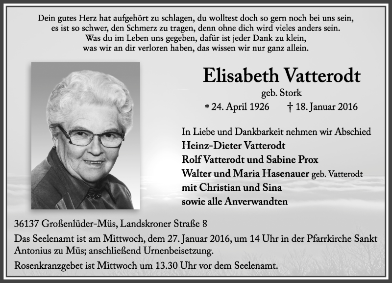  Traueranzeige für Elisabeth Vatterodt vom 25.01.2016 aus VRM Trauer