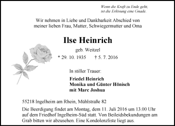 Traueranzeige von Ilse Heinrich von Trauerportal Rhein Main Presse