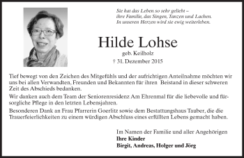 Traueranzeige von Hilde Lohse von  Wiesbaden komplett