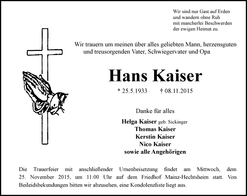 Traueranzeige für Hans Kaiser vom 21.11.2015 aus  Allgemeine Zeitung Mainz