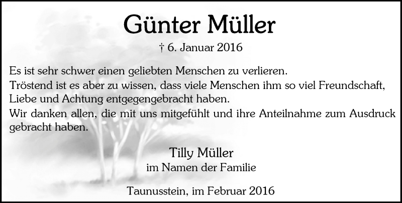  Traueranzeige für Günter Müller vom 06.02.2016 aus  Wiesbaden komplett