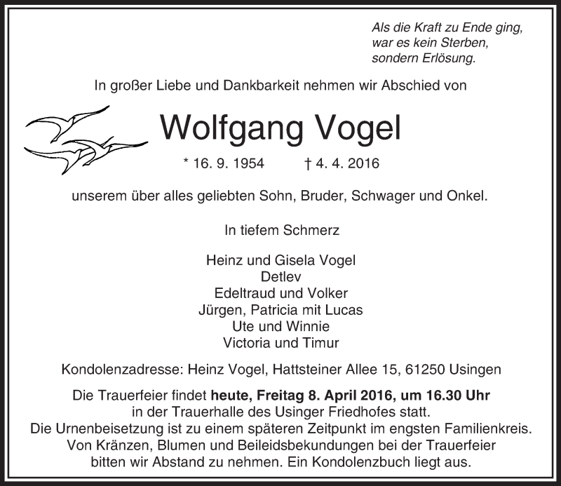  Traueranzeige für Wolfgang Vogel vom 08.04.2016 aus  Usinger Anzeiger