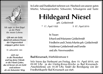 Traueranzeige von Hildegard Niesel von  Allg. Zeitung Bad Kreuznach