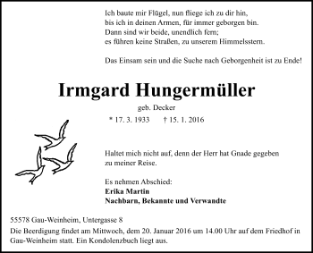Traueranzeige von Irmgard Hungermüller von  Allgemeine  Zeitung Ingelheim-Bingen