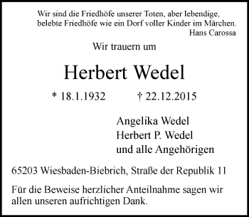 Traueranzeige von Herbert Wedel von  Wiesbaden komplett