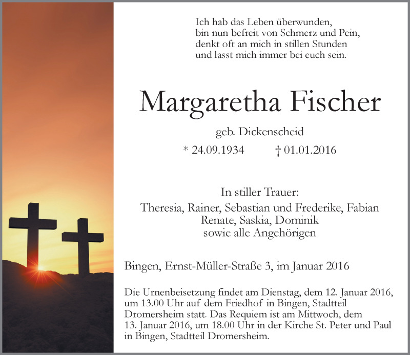  Traueranzeige für Margaretha Fischer vom 08.01.2016 aus  Allgemeine  Zeitung Ingelheim-Bingen