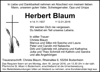 Traueranzeige von Herbert Blaum von  Allgemeine Zeitung Mainz