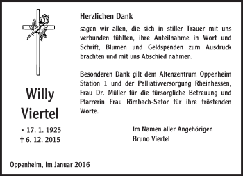 Traueranzeige von Willy Viertel von  Landskrone