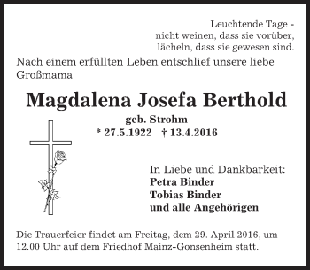 Traueranzeige von Magdalena Josefa Berthold von  Allgemeine Zeitung Mainz