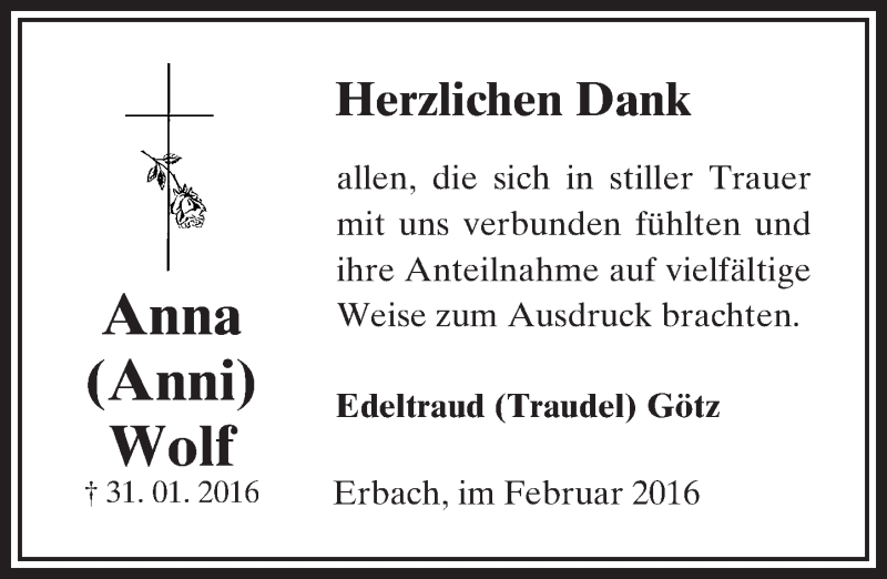  Traueranzeige für Anna Wolf vom 18.02.2016 aus  Camberger Anzeiger
