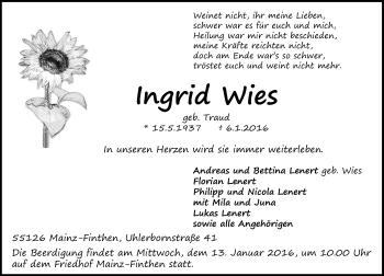 Traueranzeige von Ingrid Wies von  Allgemeine Zeitung Mainz