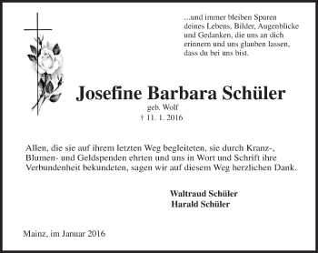 Traueranzeige von Josefine Barbara Schüler von  Allgemeine Zeitung Mainz