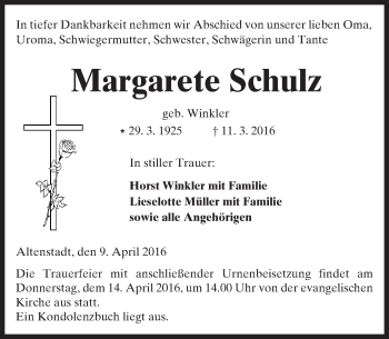 Traueranzeige von Margarete Schulz von  Kreisanzeiger