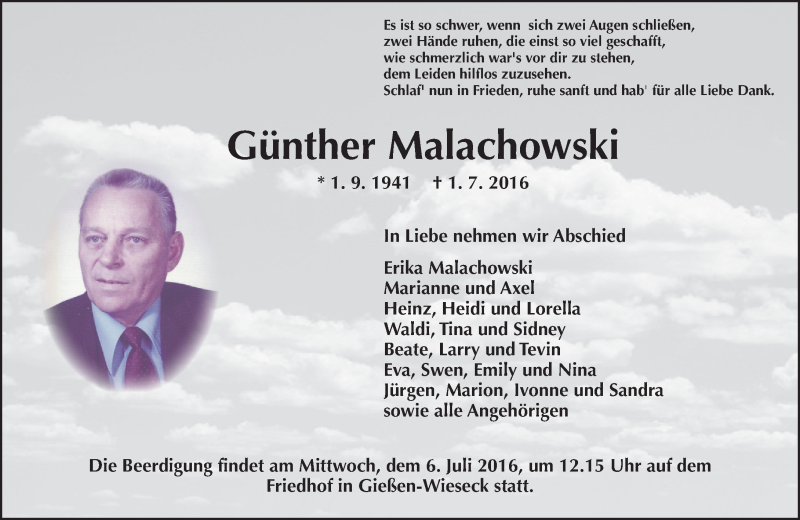  Traueranzeige für Günter Malachowski vom 05.07.2016 aus  Gießener Anzeiger