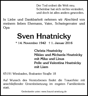 Traueranzeige von Sven Hnatnicky von  Wiesbaden komplett