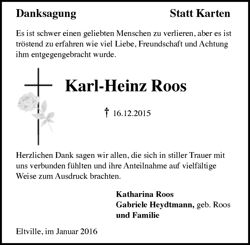 Traueranzeige für Karl-Heinz Roos vom 09.01.2016 aus  Rheingau