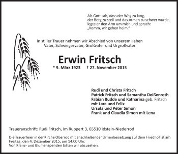 Traueranzeige von Erwin Fritsch von  Idsteiner Zeitung