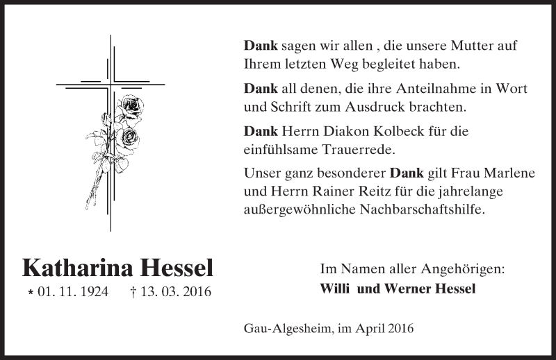  Traueranzeige für Katharina Hessel vom 02.04.2016 aus  Allgemeine  Zeitung Ingelheim-Bingen