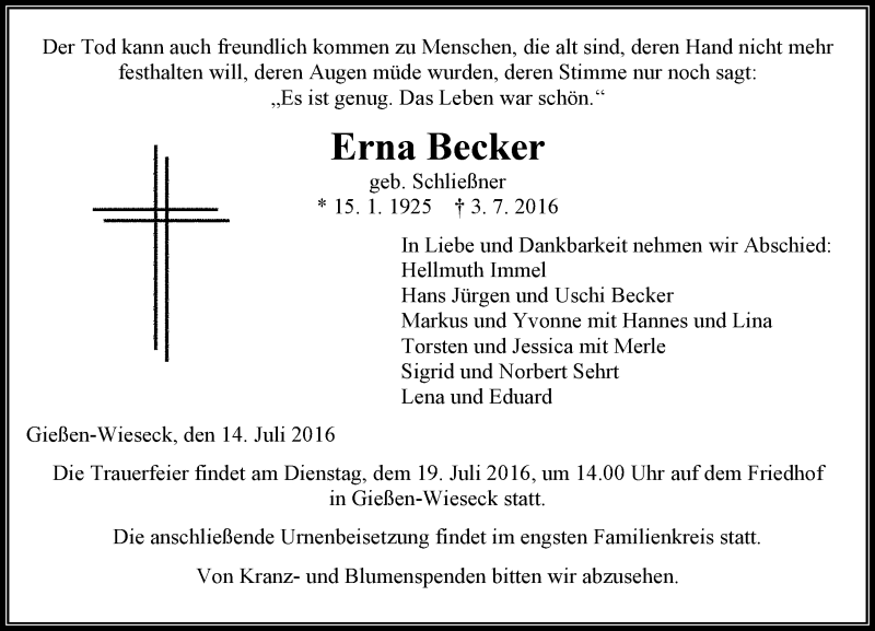  Traueranzeige für Erna Becker vom 14.07.2016 aus  Gießener Anzeiger