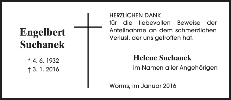  Traueranzeige für Engelbert Suchanek vom 16.01.2016 aus  Wormser Zeitung