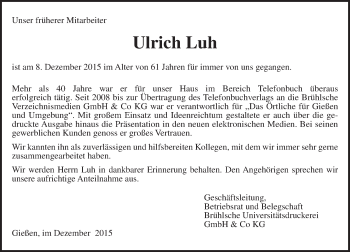 Traueranzeige von Ulrich Luh von  Gießener Anzeiger