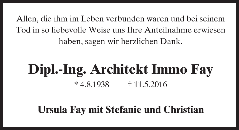  Traueranzeige für Immo Fay vom 30.07.2016 aus Trauerportal Rhein Main Presse