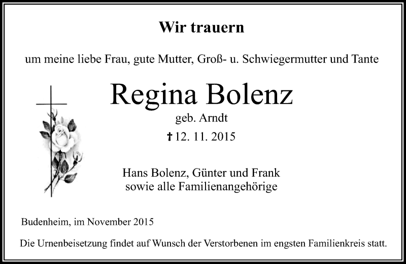  Traueranzeige für Regina Bolenz vom 18.11.2015 aus  Allgemeine Zeitung Mainz
