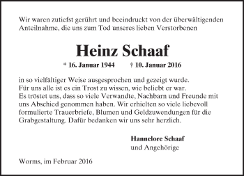 Traueranzeige von Heinz Schaaf von  Wormser Zeitung