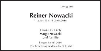 Traueranzeige von Reiner Nowacki von Trauerportal Rhein Main Presse