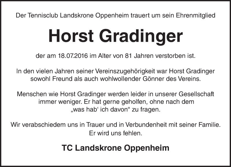  Traueranzeige für Horst Gradinger vom 22.07.2016 aus Trauerportal Rhein Main Presse